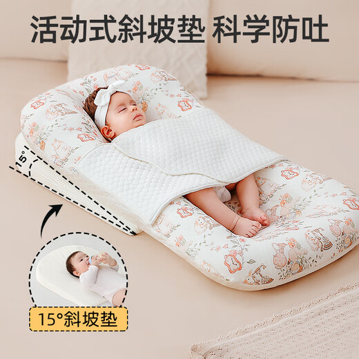 Veeou bed-in-bed baby anti-jump lying down sleeping artifact newborn sleeping nest baby floor wake-up slope pillow anti-vomiting 7A antibacterial-Secret Spring single bed soothes sleep and anti-jump