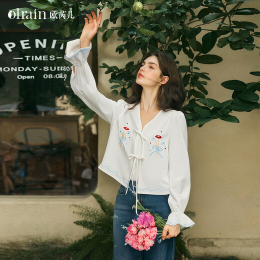 Olrain Ou Ruier new women's autumn French retro fresh embroidered short shirt white shirt white XL