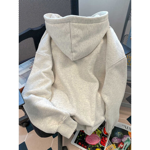 灿图美式潮牌印花重磅连帽衫卫衣男秋冬季加绒潮流情侣外套休闲上衣服 白灰色【常规款】 L