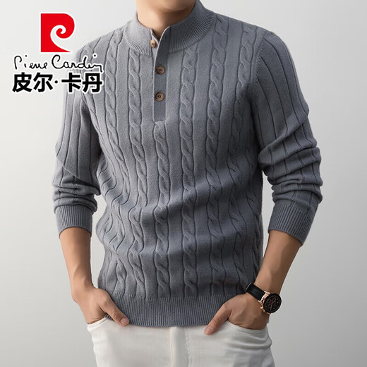 Pierre Cardin flagship store heavyweight sheep wool henley collar sweater for men spring and autumn thickened warm old money style base sweater mocha brown XL 115