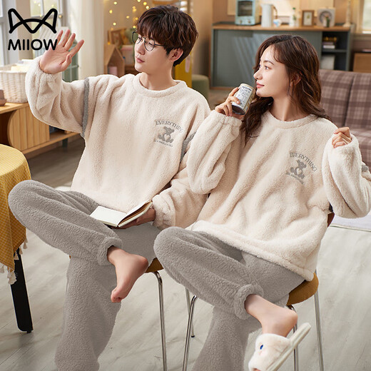 Cat Man (MiiOW) Cartoon Flannel Couple Pajamas Women's Plus Velvet Thickened Suit Men's Loose Large Size Warm Coral Fleece Home Clothing H7786 Couple M Women