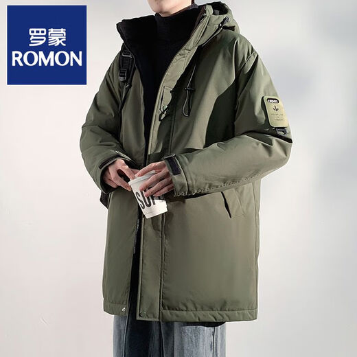 ROMON mid-length cotton-padded jacket for men in winter, hooded thickened cotton-padded jacket, warm and handsome military coat, workwear down jacket for men, military green 2375 S