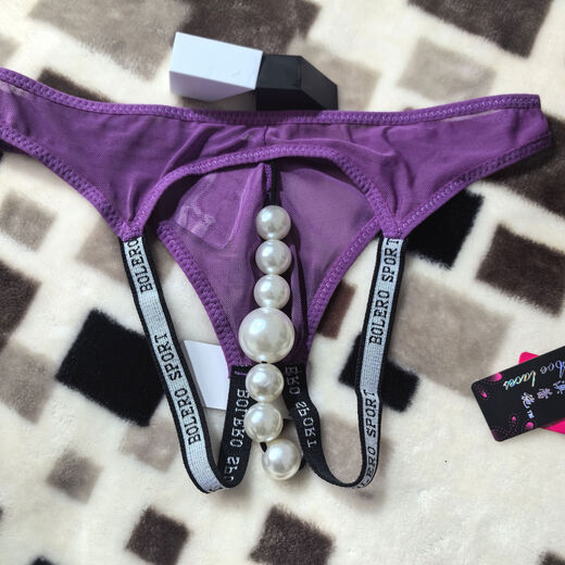 Customized underwear with beads for men, sexy exposed butt mesh, thin 7 large beads, massage back door personalized thong, black, one size fits all