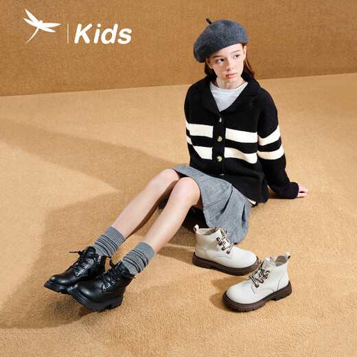 Red Dragonfly Children's 2025 Autumn and Winter Two Cotton Shoes Girls' Shoes Leather Boots Medium and Large Children's Martin Boots Q54BM002 Black 37