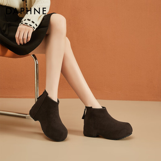 Daphne short boots for women thick-soled low-heeled inner heightening solid color plus velvet comfortable round toe back zipper ankle boots for women brown 37