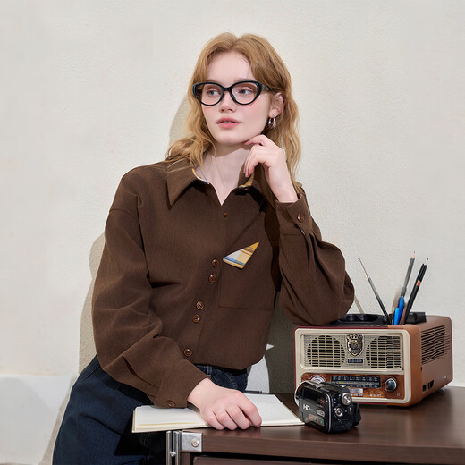 Westlink Westlink retro corduroy shirt for women winter new plaid corner pocket design loose and slim jacket brown M