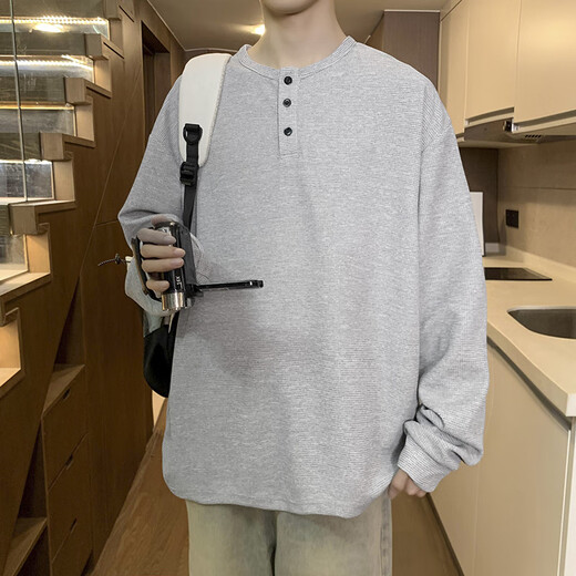 Madisa autumn new Henry collar long-sleeved T-shirt men's versatile retro T-shirt casual sports top ee light gray M