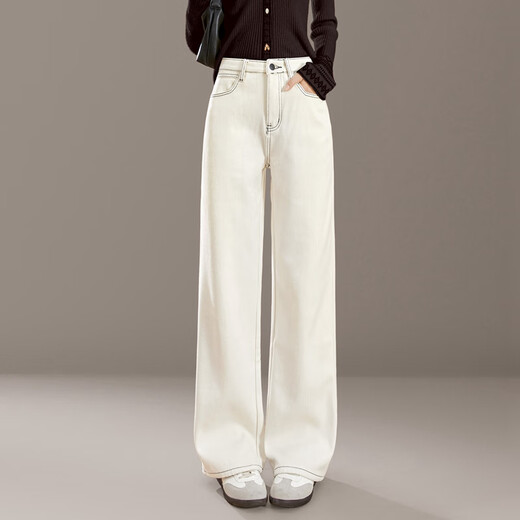 Shechi plus velvet warm straight jeans women's 2025 winter new high-waisted long slim casual pants