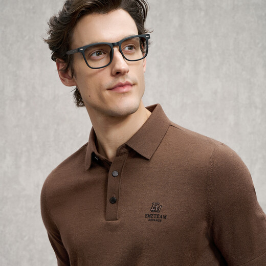 EMZ Ordos antibacterial wool new business casual Polo collar short-sleeved knitted sweater for men dark coffee L 175/92A