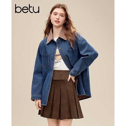 Betu Women's 2025 Winter New Shirt Color Block Collar High-Quality Comfortable Cotton Long-Sleeved Top Women 2511X02 Blue L
