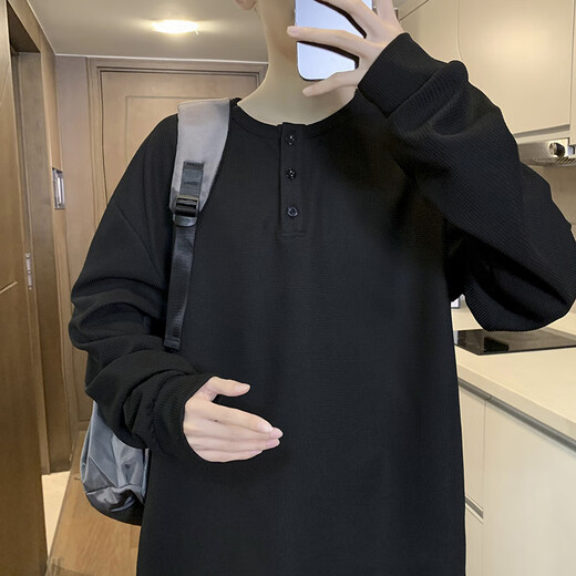 Madisa autumn new Henry collar long-sleeved T-shirt men's versatile retro T-shirt casual sports top ee light gray M