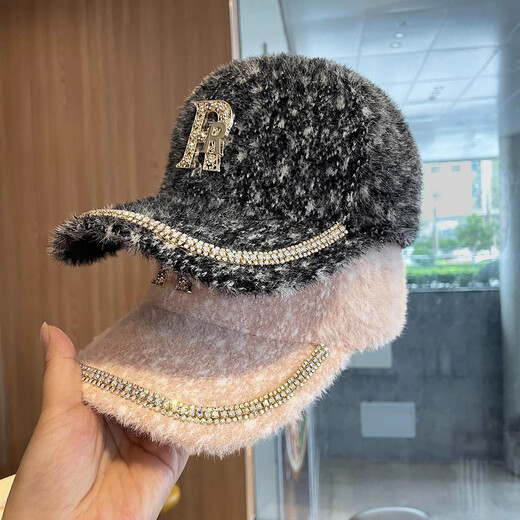 Rhinestone letter baseball cap for women autumn and winter plush warm hat Korean style fashion versatile mink fur peaked cap ins Double R mink fur rhinestone baseball cap - black adjustable