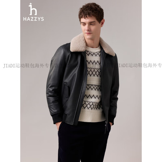 HAZZYS 2025 Autumn New Men's Removable Fur Collar Filled Leather Top Official Authentic Black M 170/92A 46