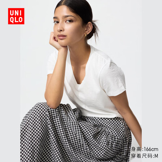 Uniqlo women's slub yarn V-neck T-shirt/short-sleeved cotton white T-top bottoming spring and summer new style 483576 00 white M /160/84A