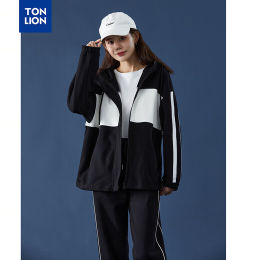 TonLion women's patchwork contrasting color cardigan hooded sweatshirt jacket top/black M