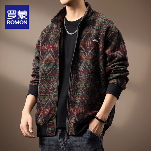 ROMON high-end ethnic style wool knitted jacket men's autumn and winter loose large size heavy retro cardigan sweater men's fashion red XL suitable for 140-160Jin Jin equals 0.5 kg