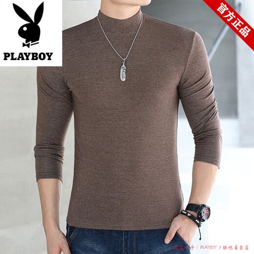 Playboy mercerized cotton long-sleeved T-shirt men's autumn and winter half turtleneck bottoming shirt men's solid color slim fit thin top skin-friendly inner versatile white long half height XS 50Jin Jin equal to 0.5 kg or less