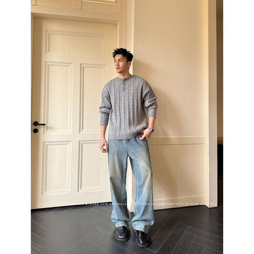 LIIS Henry collar twisted knitted autumn old money style retro patterned sweater men's casual commuting sweater gray M90-125Jin Jin equals 0.5 kg one size