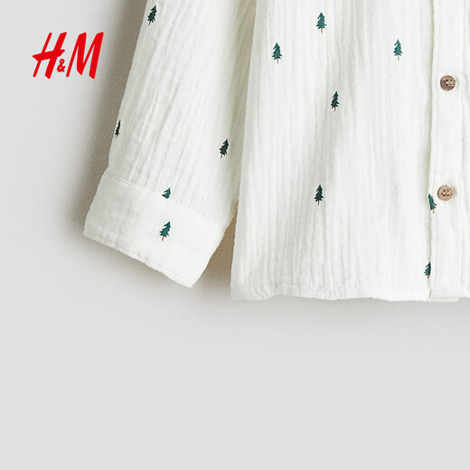 H&M Children's Clothing Children's Boys' Shirts 2026 Spring New Cotton Muslin Chinese Collar Collarless Shirt 1254677 White/Fir Tree 150 150/76 (11-12Y)