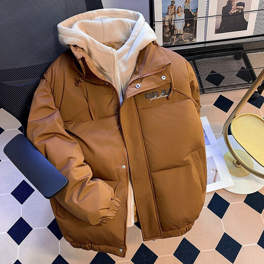 American letter cotton coat men's high street oversize trendy brand loose fake two-piece cotton jacket winter hooded cotton coat brown high quality S recommended 75-95Jin Jin equals 0.5 kg