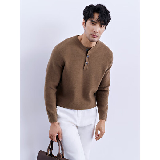 ANTCITY 202024 Autumn and Winter Warmth Henry Collar Wool Knitted Bottoming Shirt Business Casual Pullover Low Neck Sweater for Men Earth Brown M