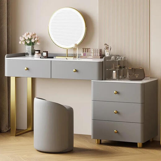 Chugouxiang's new light luxury combination solid wood dressing table, bedside storage cabinet, integrated women's bedroom, modern cream style makeup table, smart mirror - silicone leather - solid wood frame, counter, stool mirror, complete set, length 80cm