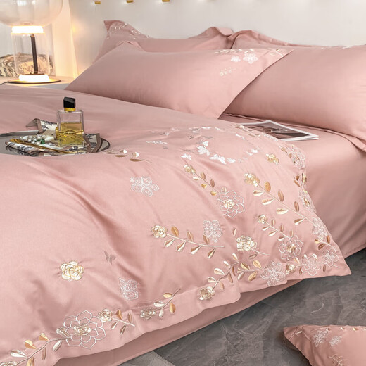 Mercury series 160-count cotton brushed thickened four-piece set pure cotton sheets, fitted sheets, embroidered quilt covers, skin-friendly bedding 4, bean paste powder, 1.8 meter bed sheet, four-piece set, quilt cover 200 230