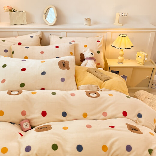 Winter coral velvet bedding four-piece set, double-sided thickened milk college student sheets, quilt cover, three-piece fitted sheet, polka dot bear, sheet style 1.8 four-piece set - quilt cover 200*230
