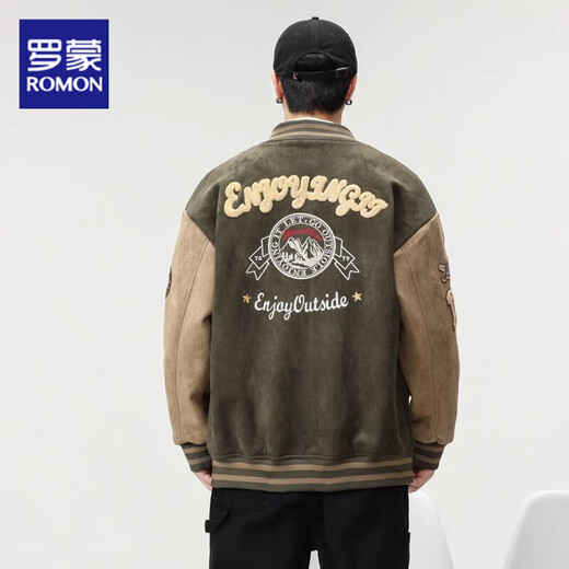 ROMON American high-end military green patchwork baseball uniform jacket for men spring and autumn design color matching loose top jacket for men green 2XL 160-180Jin Jin is equal to 0.5 kg