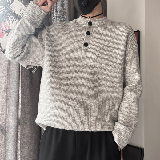 Yitian gray American retro henley collar sweater men's winter lazy style knitted sweater cleanfit jacket gray M