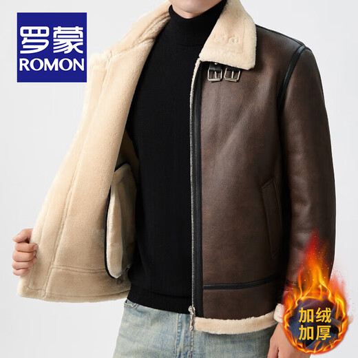 罗蒙（ROMON）皮毛一体加绒皮衣男士秋冬季羊羔绒舒适保暖外套加厚机车皮夹克男 黑色 【皮毛一体】 XL /180