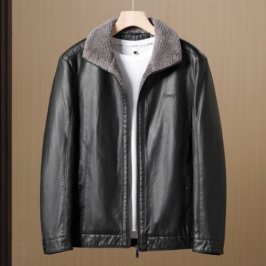 Fat Donglai same style men's clothing sheep wool stuffed custom leather plus velvet thickened warm leather jacket winter new product black D5BHT-KD4Y176A S 165 95-110Jin Jin equals 0.5 kg fit