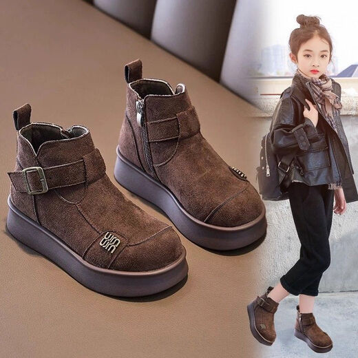 Children's velvet boots and short boots 2025 new autumn and winter girls' middle and older children's Martin trendy British Birkenstock cotton shoes coffee color* flagship version factory craftsmanship 34 yards inner length 20.7CM