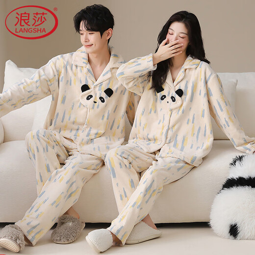 LangSha coral velvet couple pajamas for men and women in autumn and winter plus velvet thickened warm flannel cute cartoon home clothes cartoon bear women's L