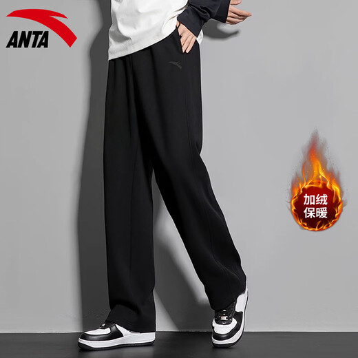 ANTA Velvet Sports Pants Men's Pants Autumn and Winter Knitted Warm Loose Straight Sweatpants Casual Pants Men's Running Pants -1 Basic Black/Straight Velvet Style L (175) Suitable for 120-140 Jin Jin equals 0.5 kg