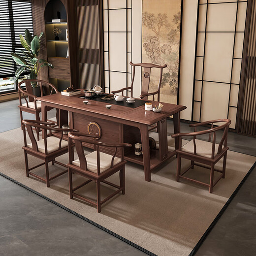Ningguxuan ebony wood tea table and chair combination solid wood tea table large board living room with kettle integrated tea table office set Wet bubble table + 1 Lingxiao chair + 4 crescent chairs + stone tea tray (copper version) Meaningful carvings Practical storage feet 1.6m like a fish in water