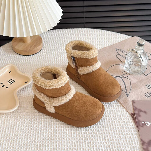 Genuine leather girls' cotton shoes, winter children's velvet shoes, warm snow boots, baby winter shoes, furry shoes, Birkenstock boots, khaki flagship version, upgraded quality 25, inner length 15.5cm