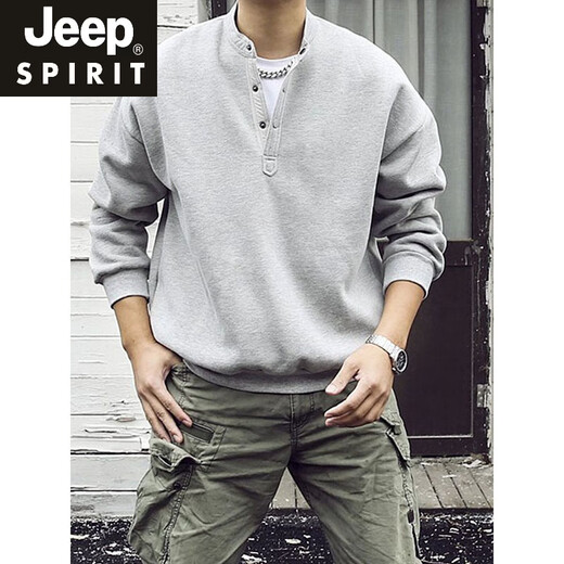 JEEP SPIRIT large size 300Jin Jin is equal to 0.5 kg large size men's Henry collar sweatshirt men's autumn and winter new American trendy brand loose top bottoming shirt black M