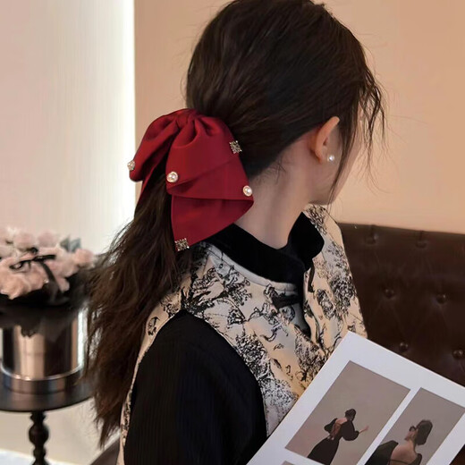 Satin bow clip for women 2025 new style high-end temperament low ponytail clip back of head clip headdress hair clip black retro satin bow clip