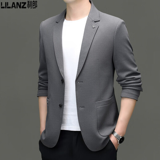 Lilan 2025 Spring New Men's Knitted Stretch Youth Casual Suit Korean Style Slim Fashion Business Men's Gray Gray XL
