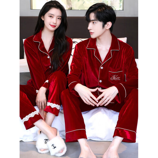 Victoria's Secret Autumn and Winter Gold Velvet Couple Pajamas for Women Red Wedding Bride Spring and Autumn Men's Long-Sleeved Home Clothes 713 Blue Gray Couple Suit (Gold Velvet) XL Women Get Men's XL