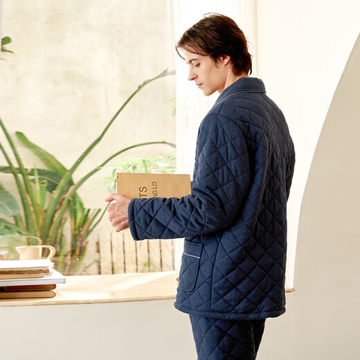 American Standard winter three-layer thickened and warm women's woven quilted couple's pajamas men's suit home clothes gray blue L