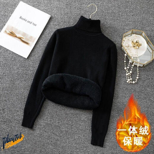 BZOK turtleneck sweater for women, plus velvet and thickened bottoming sweater, all-in-one velvet slimming inner layer, autumn and winter new style pullover inner layer, black S, recommended 80-90