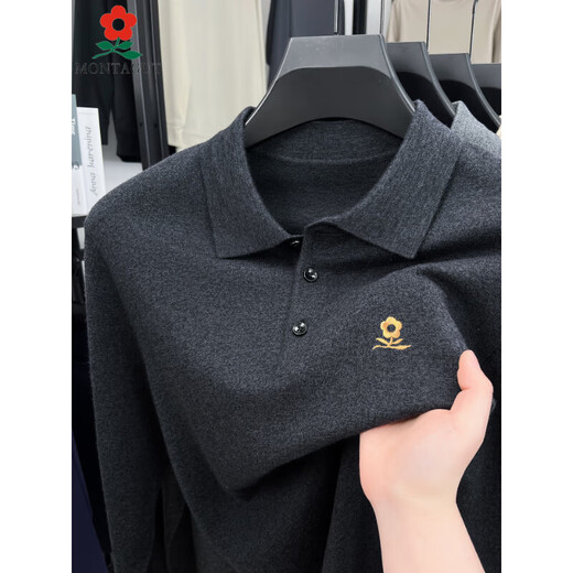 MONTAGUT autumn and winter cashmere sweater for middle-aged men, dad lapel long-sleeved knitted bottoming Polo shirt T-shirt medium gray M 165 recommended 100-120 Jin Jin equals 0.5 kg