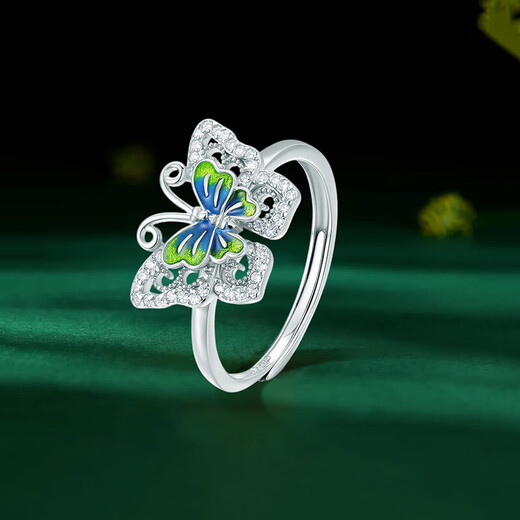 Lao Fengxiang silver 925 enamel butterfly ring with zircon as a holiday and anniversary gift for girlfriend and wife. Silver 925 enamel butterfly with zircon ring.