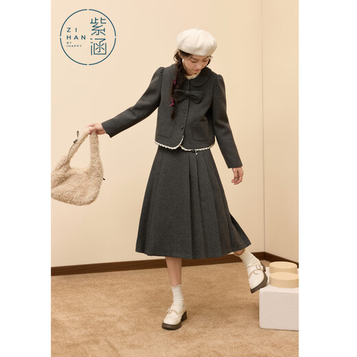 Zihan (ZIHAN) Zihan gray plaid wool lapel bow short coat a-line pleated skirt two-piece suit for women 2025 winter new gray plaid XS