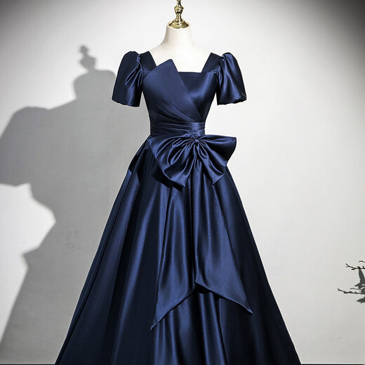 Libaixin225 New Vocal Art Test Bel Canto Satin Blue Dress Lady Host Stage Adult Ceremony Evening Dress Navy Blue 3XL Recommended 130-135 Jin Jin equals 0.5 kg