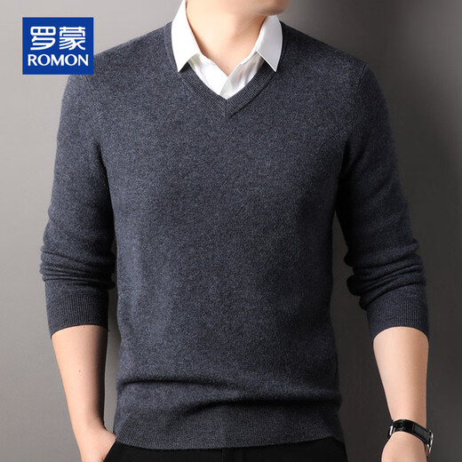 ROMON 100% pure wool sweater men's V-neck sweetheart neck autumn and winter solid color sweater business casual warm base sweater