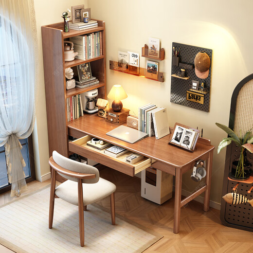 Huixun solid wood corner desk bookshelf integrated table bedroom corner computer desk student home study table corner workbench walnut color #desk + bookshelf 124cm*60cm*182cm desktop length 100cm