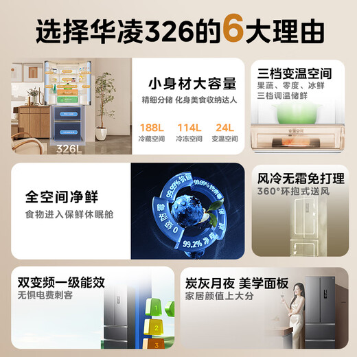 Hualingmei's 326L French-style multi-door refrigerator first-class energy efficiency dual-frequency air-cooled frost-free household refrigerator energy-saving odor-free refrigerator BCD-326WFPH national subsidy